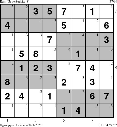 The grouppuzzles.com Easy SuperSudoku-8 puzzle for Saturday March 21, 2026, suitable for printing, with all 4 steps marked