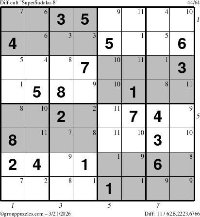 The grouppuzzles.com Difficult SuperSudoku-8 puzzle for Saturday March 21, 2026 with all 11 steps marked