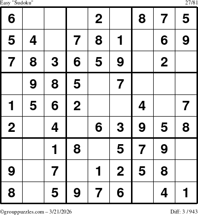 The grouppuzzles.com Easy Sudoku puzzle for Saturday March 21, 2026