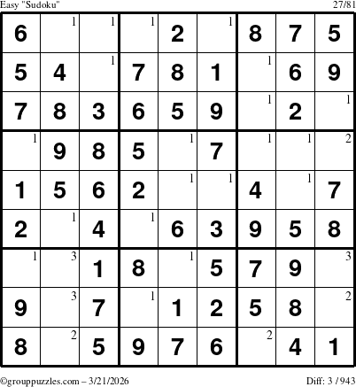 The grouppuzzles.com Easy Sudoku puzzle for Saturday March 21, 2026 with the first 3 steps marked