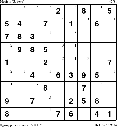 The grouppuzzles.com Medium Sudoku puzzle for Saturday March 21, 2026 with the first 3 steps marked