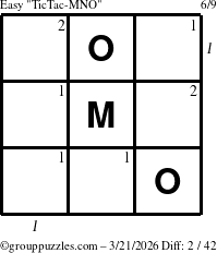 The grouppuzzles.com Easy TicTac-MNO puzzle for Saturday March 21, 2026 with all 2 steps marked