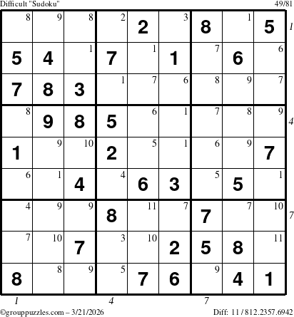 The grouppuzzles.com Difficult Sudoku puzzle for Saturday March 21, 2026, suitable for printing, with all 11 steps marked