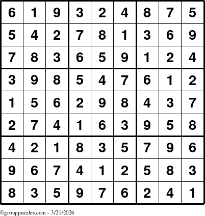 The grouppuzzles.com Answer grid for the Sudoku puzzle for Saturday March 21, 2026