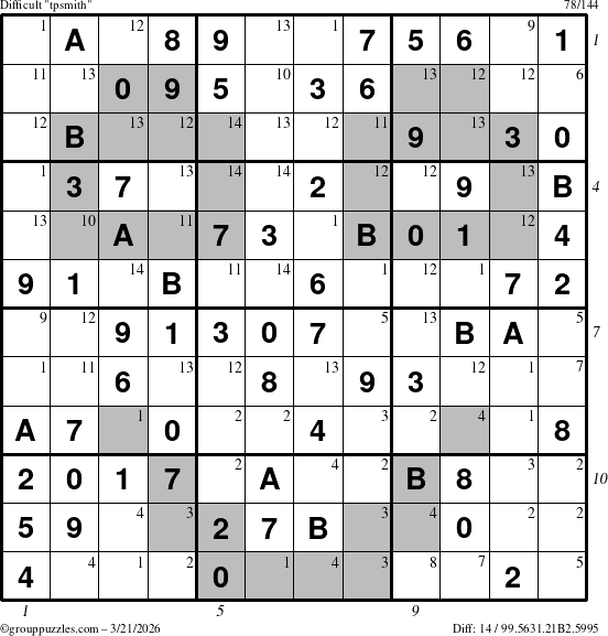 The grouppuzzles.com Difficult tpsmith puzzle for Saturday March 21, 2026 with all 14 steps marked