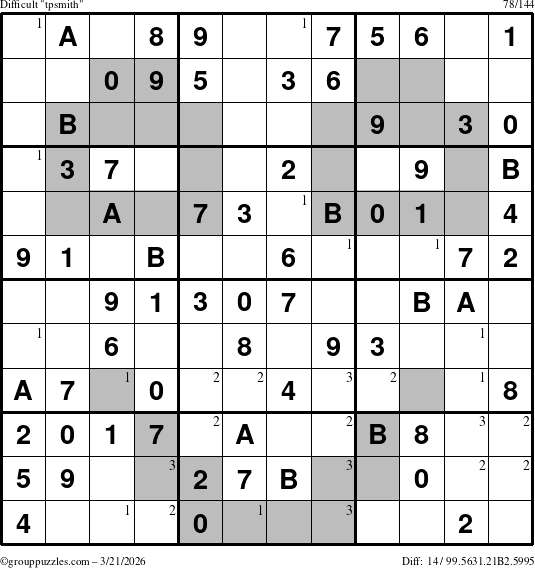 The grouppuzzles.com Difficult tpsmith puzzle for Saturday March 21, 2026 with the first 3 steps marked