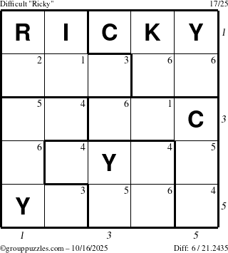 The grouppuzzles.com Difficult Ricky puzzle for Thursday October 16, 2025 with all 6 steps marked