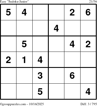 The grouppuzzles.com Easy Sudoku-Junior puzzle for Thursday October 16, 2025