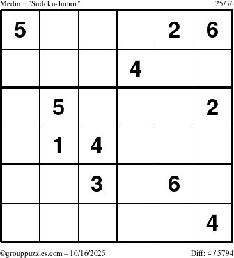 The grouppuzzles.com Medium Sudoku-Junior puzzle for Thursday October 16, 2025