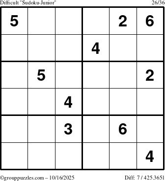 The grouppuzzles.com Difficult Sudoku-Junior puzzle for Thursday October 16, 2025