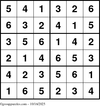 The grouppuzzles.com Answer grid for the Sudoku-Junior puzzle for Thursday October 16, 2025