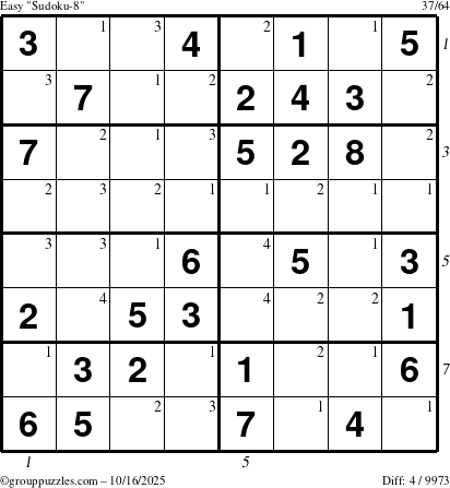 The grouppuzzles.com Easy Sudoku-8 puzzle for Thursday October 16, 2025 with all 4 steps marked