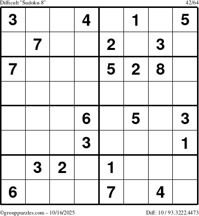 The grouppuzzles.com Difficult Sudoku-8 puzzle for Thursday October 16, 2025