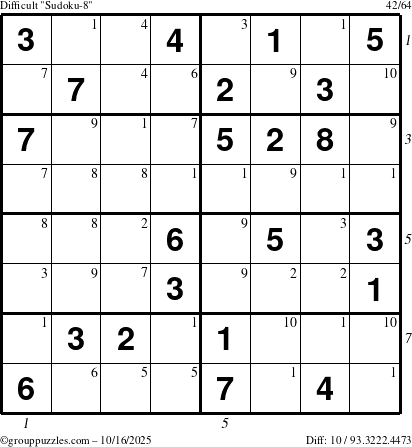 The grouppuzzles.com Difficult Sudoku-8 puzzle for Thursday October 16, 2025 with all 10 steps marked