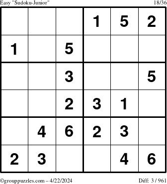 The grouppuzzles.com Easy Sudoku-Junior puzzle for Monday April 22, 2024