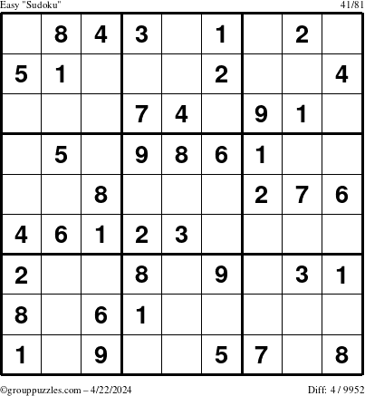 The grouppuzzles.com Easy Sudoku puzzle for Monday April 22, 2024