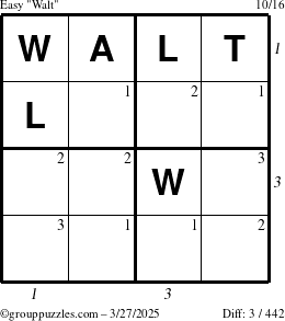 The grouppuzzles.com Easy Walt puzzle for Thursday March 27, 2025 with all 3 steps marked