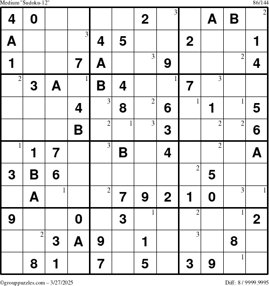 The grouppuzzles.com Medium Sudoku-12 puzzle for Thursday March 27, 2025 with the first 3 steps marked
