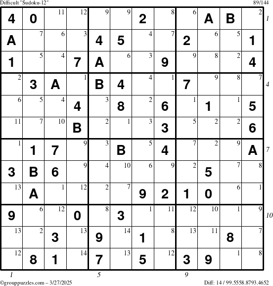 The grouppuzzles.com Difficult Sudoku-12 puzzle for Thursday March 27, 2025 with all 14 steps marked