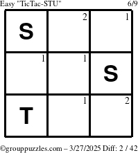 The grouppuzzles.com Easy TicTac-STU puzzle for Thursday March 27, 2025 with the first 2 steps marked