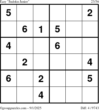 The grouppuzzles.com Easy Sudoku-Junior puzzle for Monday September 1, 2025