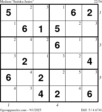 The grouppuzzles.com Medium Sudoku-Junior puzzle for Monday September 1, 2025, suitable for printing, with all 5 steps marked