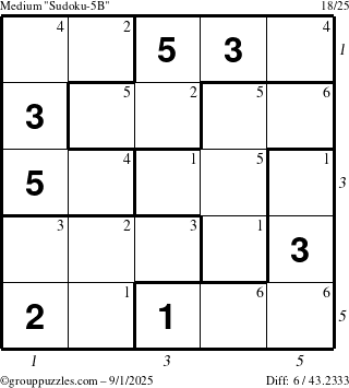 The grouppuzzles.com Medium Sudoku-5B puzzle for Monday September 1, 2025 with all 6 steps marked