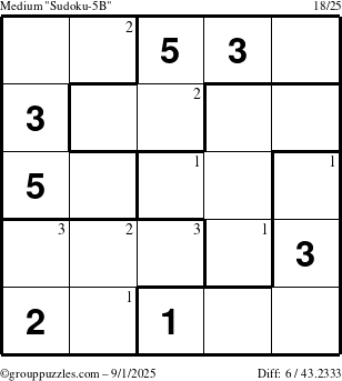 The grouppuzzles.com Medium Sudoku-5B puzzle for Monday September 1, 2025 with the first 3 steps marked