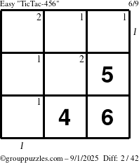 The grouppuzzles.com Easy TicTac-456 puzzle for Monday September 1, 2025, suitable for printing, with all 2 steps marked
