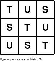 The grouppuzzles.com Answer grid for the TicTac-STU puzzle for Thursday August 6, 2026