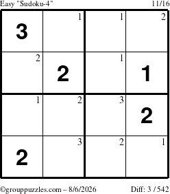 The grouppuzzles.com Easy Sudoku-4 puzzle for Thursday August 6, 2026 with the first 3 steps marked