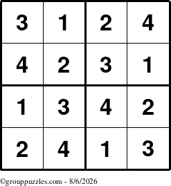 The grouppuzzles.com Answer grid for the Sudoku-4 puzzle for Thursday August 6, 2026
