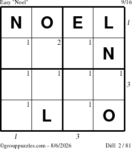 The grouppuzzles.com Easy Noel puzzle for Thursday August 6, 2026, suitable for printing, with all 2 steps marked