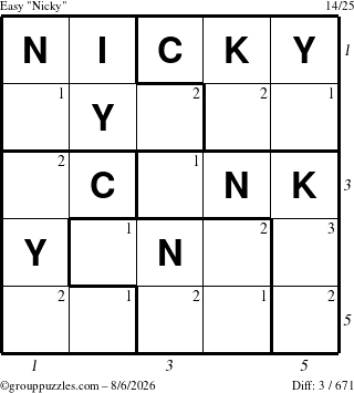 The grouppuzzles.com Easy Nicky puzzle for Thursday August 6, 2026, suitable for printing, with all 3 steps marked