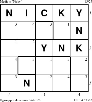 The grouppuzzles.com Medium Nicky puzzle for Thursday August 6, 2026, suitable for printing, with all 4 steps marked