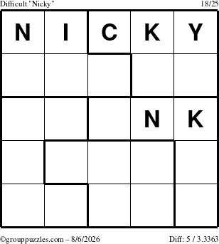 The grouppuzzles.com Difficult Nicky puzzle for Thursday August 6, 2026