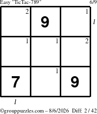 The grouppuzzles.com Easy TicTac-789 puzzle for Thursday August 6, 2026, suitable for printing, with all 2 steps marked