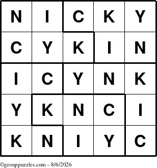 The grouppuzzles.com Answer grid for the Nicky puzzle for Thursday August 6, 2026