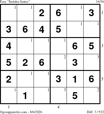 The grouppuzzles.com Easy Sudoku-Junior puzzle for Thursday August 6, 2026 with all 3 steps marked