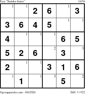 The grouppuzzles.com Easy Sudoku-Junior puzzle for Thursday August 6, 2026 with the first 3 steps marked