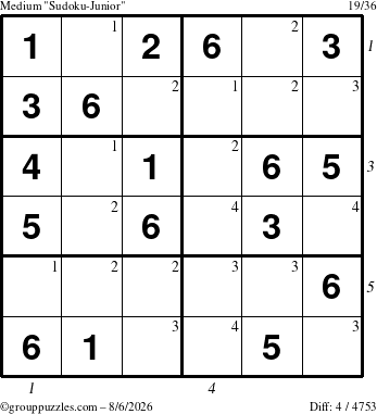 The grouppuzzles.com Medium Sudoku-Junior puzzle for Thursday August 6, 2026 with all 4 steps marked
