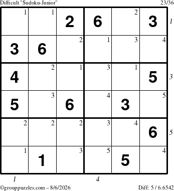 The grouppuzzles.com Difficult Sudoku-Junior puzzle for Thursday August 6, 2026, suitable for printing, with all 5 steps marked
