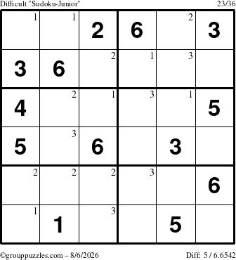 The grouppuzzles.com Difficult Sudoku-Junior puzzle for Thursday August 6, 2026 with the first 3 steps marked