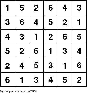 The grouppuzzles.com Answer grid for the Sudoku-Junior puzzle for Thursday August 6, 2026