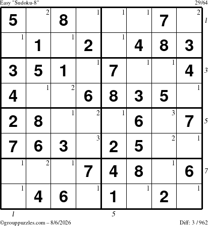 The grouppuzzles.com Easy Sudoku-8 puzzle for Thursday August 6, 2026, suitable for printing, with all 3 steps marked