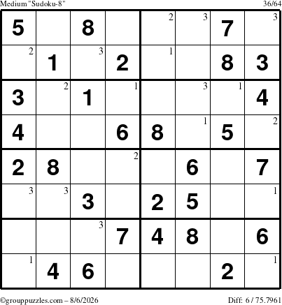 The grouppuzzles.com Medium Sudoku-8 puzzle for Thursday August 6, 2026 with the first 3 steps marked