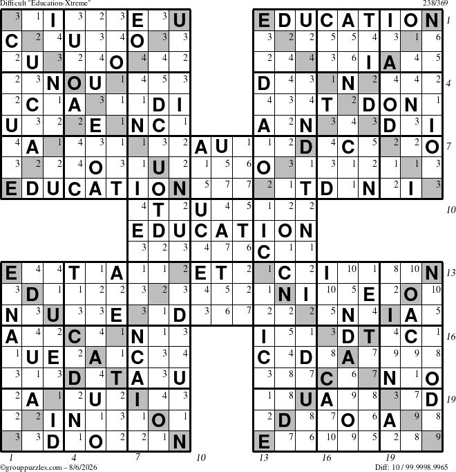 The grouppuzzles.com Difficult Education-Xtreme puzzle for Thursday August 6, 2026 with all 10 steps marked