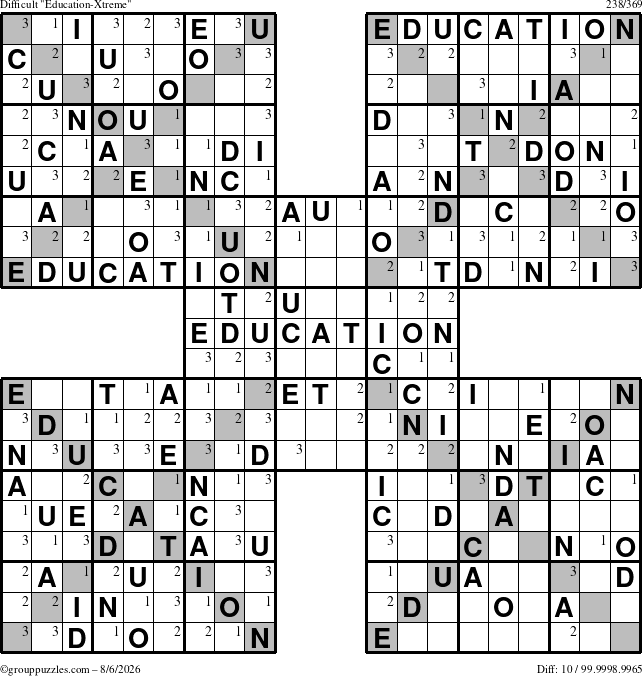 The grouppuzzles.com Difficult Education-Xtreme puzzle for Thursday August 6, 2026 with the first 3 steps marked