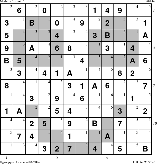 The grouppuzzles.com Medium tpsmith puzzle for Thursday August 6, 2026, suitable for printing, with all 6 steps marked