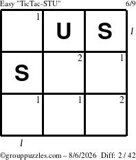 The grouppuzzles.com Easy TicTac-STU puzzle for Thursday August 6, 2026, suitable for printing, with all 2 steps marked